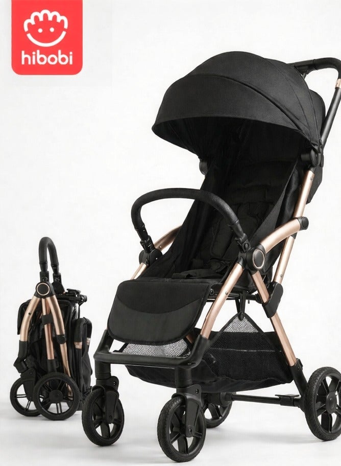 hibobi Foldable Baby Stroller with One-Hand Gravity Fold, Aluminum Frame, All-Wheel Suspension, Ventilated Canopy, 5-Point Harness and Large Storage Basket, Black - Image 1
